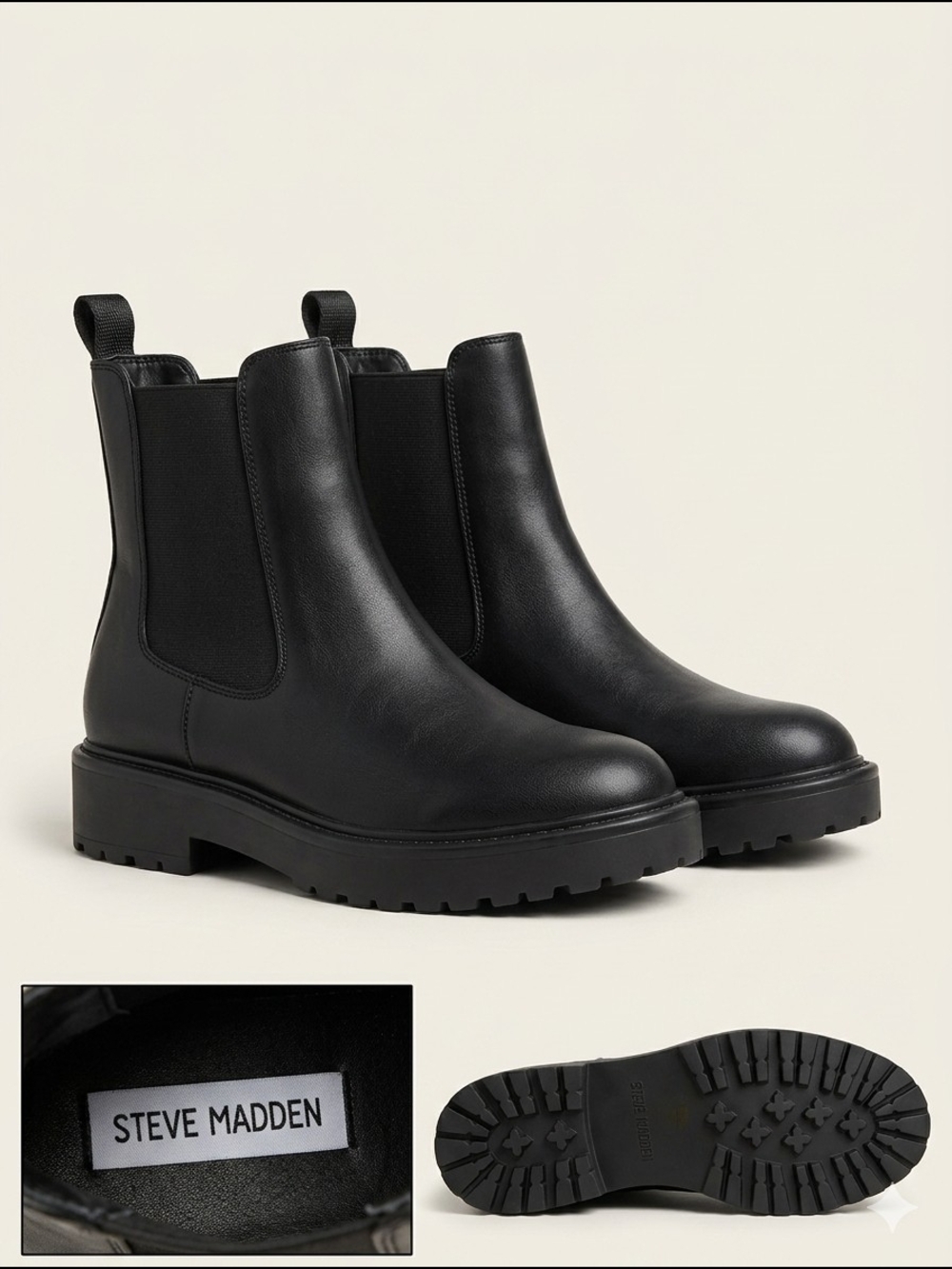 Steve Madden Black Leather Chelsea Lug Boots
